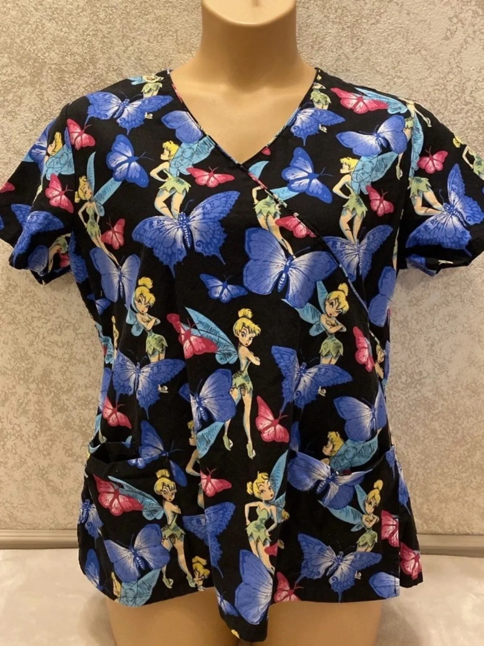 Disney Black V-Neck Short Sleeve Scrub Top with Blue & Pink Butterfly Print